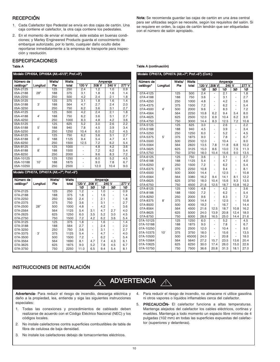 Advertencia, Recepción, Especificaciones instrucciones de instalación | Qmark CPH - Decorative and Commercial Pedestal Heaters User Manual | Page 10 / 24