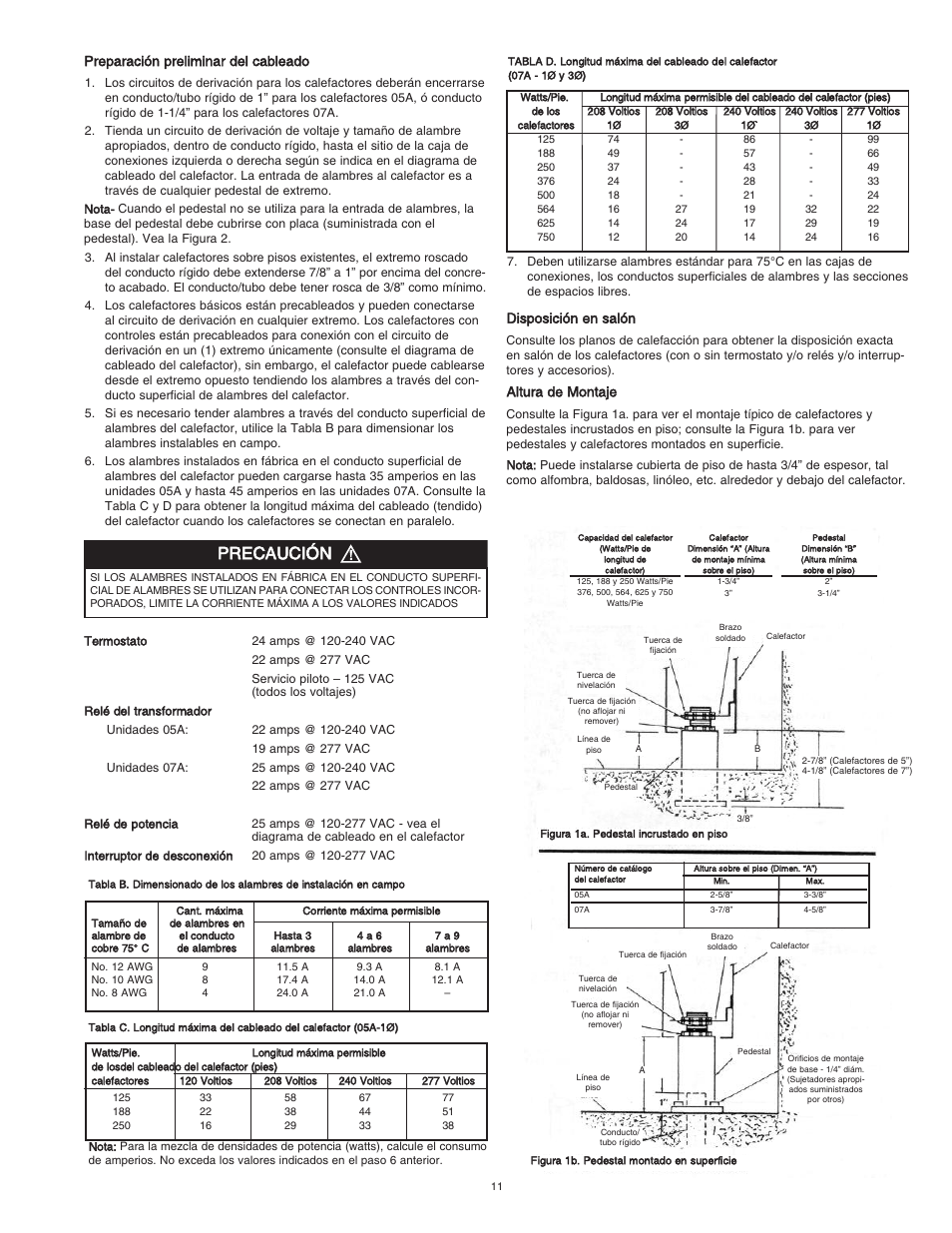 Precaución, Preparación preliminar del cableado, Disposición en salón | Altura de montaje | Qmark CPH - Decorative and Commercial Pedestal Heaters User Manual | Page 11 / 24