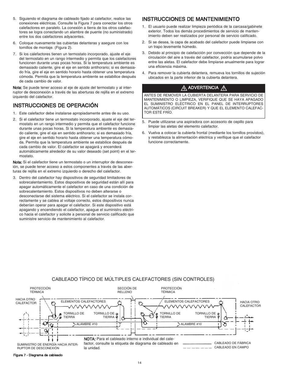 Instrucciones de operación, Instrucciones de mantenimiento | Qmark CPH - Decorative and Commercial Pedestal Heaters User Manual | Page 14 / 24