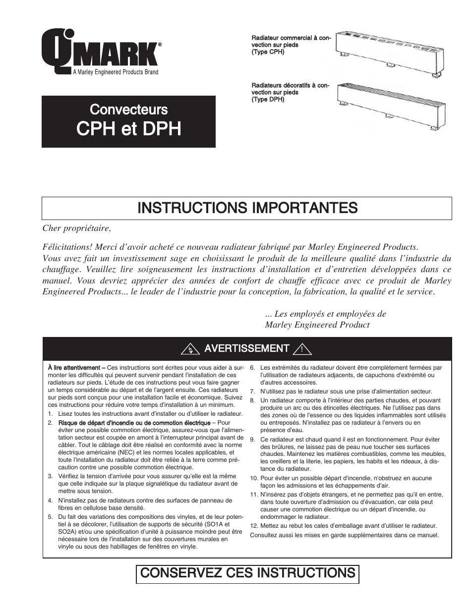 Cph et dph, Instructions importantes, Convecteurs | Conservez ces instructions, Avertissement | Qmark CPH - Decorative and Commercial Pedestal Heaters User Manual | Page 17 / 24