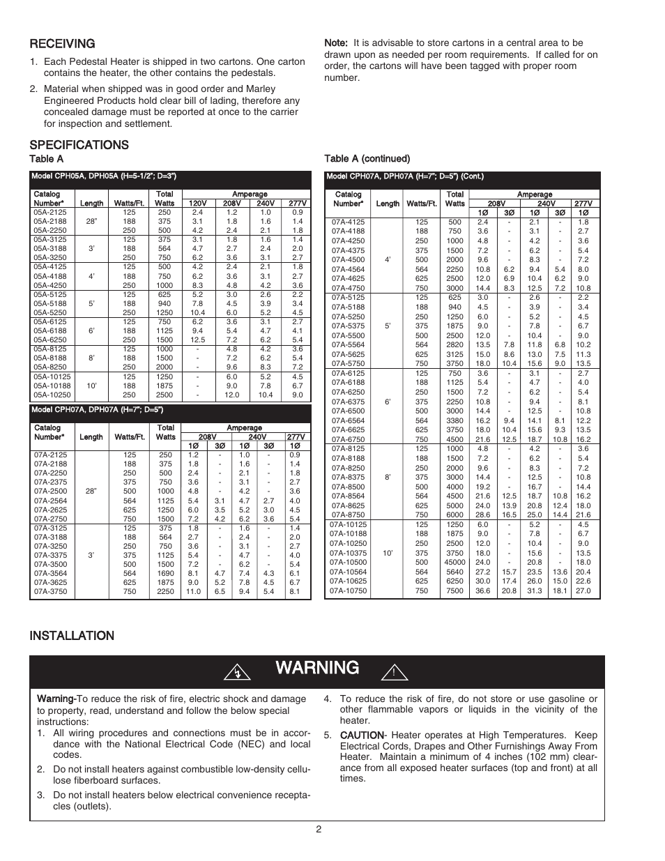 Warning, Receiving, Specifications installation | Qmark CPH - Decorative and Commercial Pedestal Heaters User Manual | Page 2 / 24