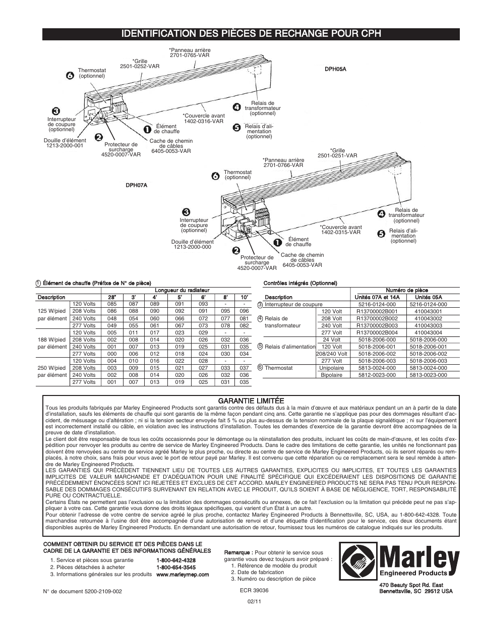 Identification des pièces de rechange pour cph, Garantie limitée | Qmark CPH - Decorative and Commercial Pedestal Heaters User Manual | Page 24 / 24