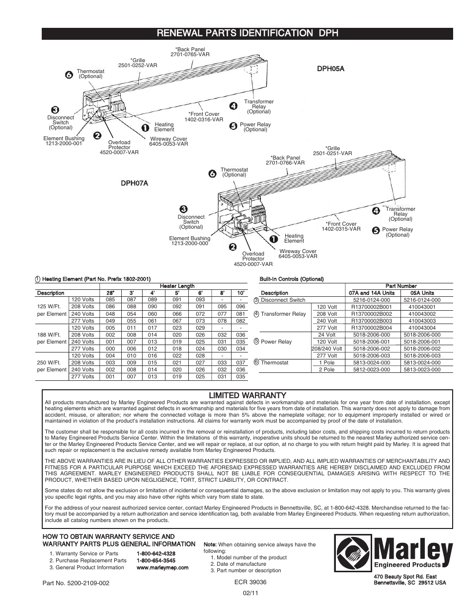 Renewal parts identification dph, Limited warranty, Dph05a dph07a | Qmark CPH - Decorative and Commercial Pedestal Heaters User Manual | Page 8 / 24