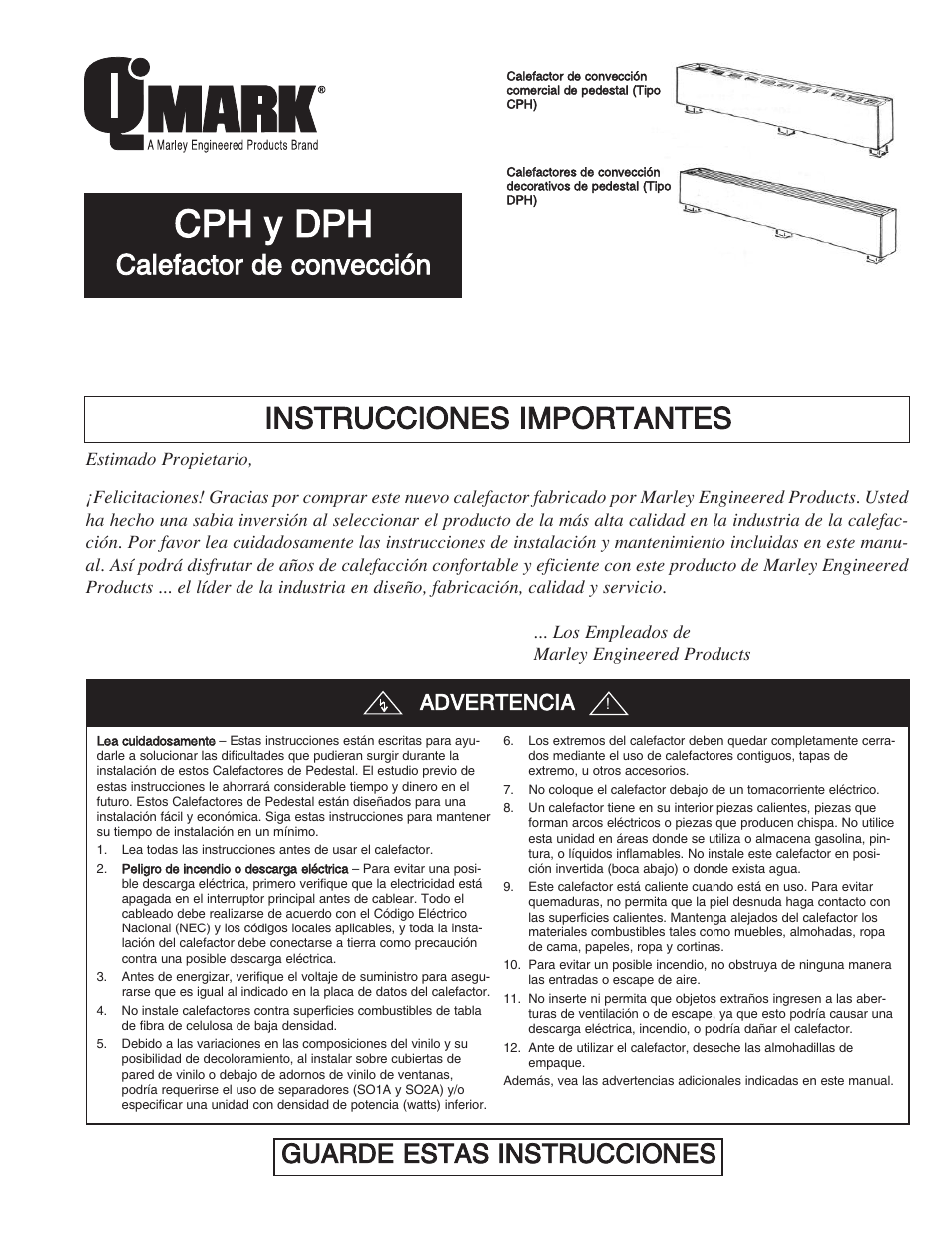 Cph y dph, Instrucciones importantes, Calefactor de convección | Guarde estas instrucciones, Advertencia | Qmark CPH - Decorative and Commercial Pedestal Heaters User Manual | Page 9 / 24