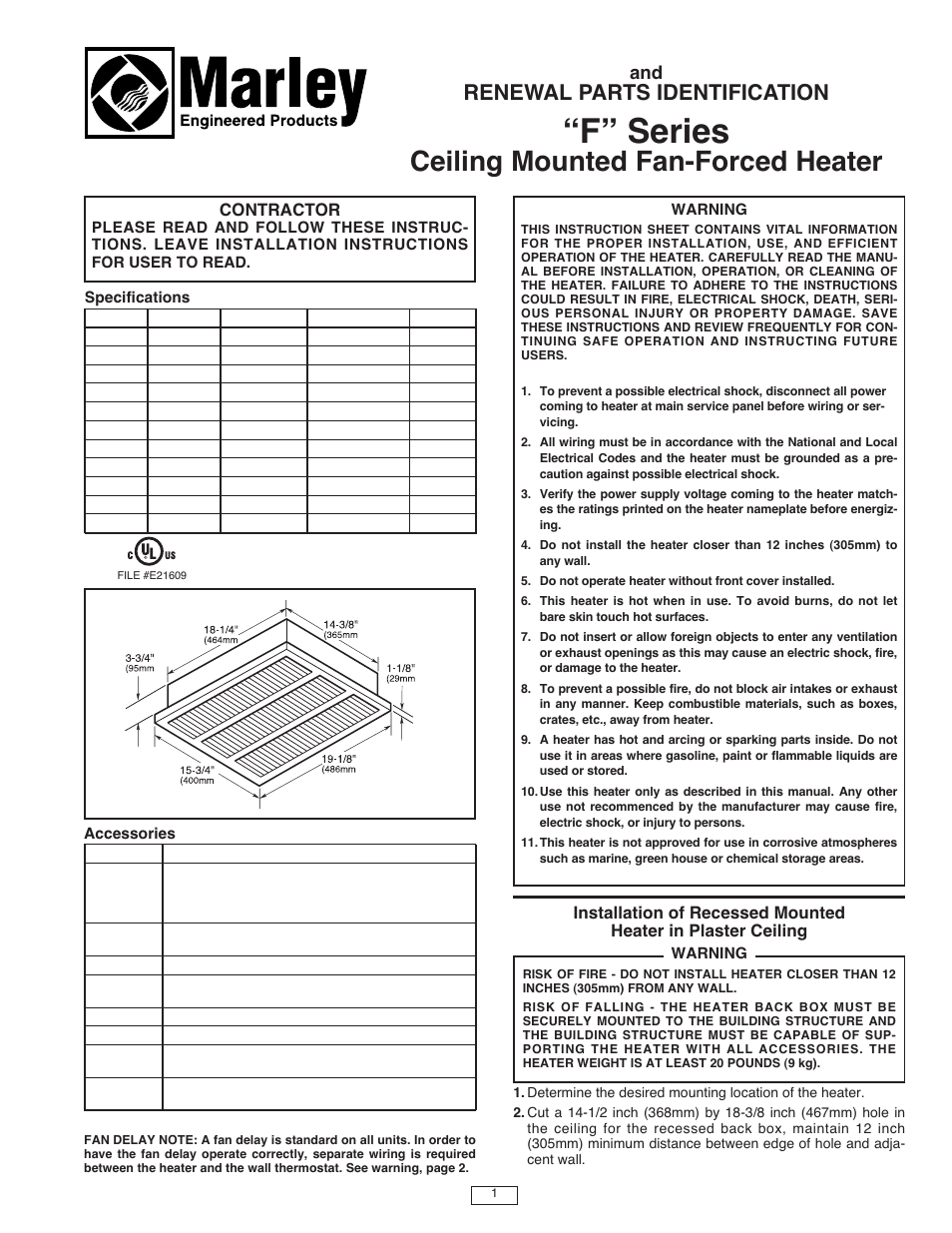 Qmark EFF - Ceiling Mounted Fan-Forced Heaters User Manual | 4 pages