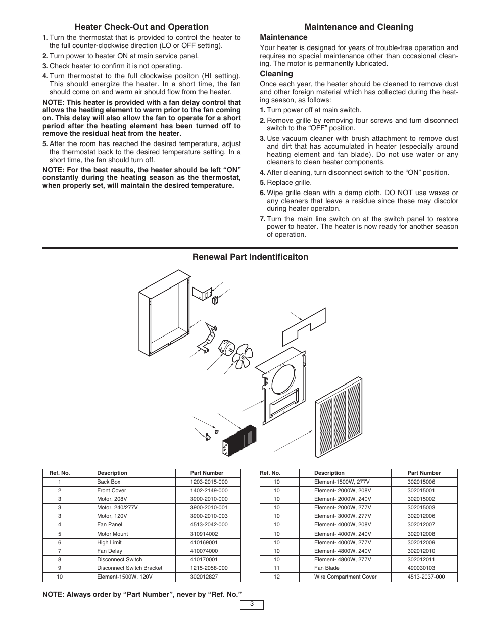 Heater check-out and operation, Maintenance and cleaning, Renewal part indentificaiton | Maintenance, Cleaning | Qmark EFF - Ceiling Mounted Fan-Forced Heaters User Manual | Page 3 / 4