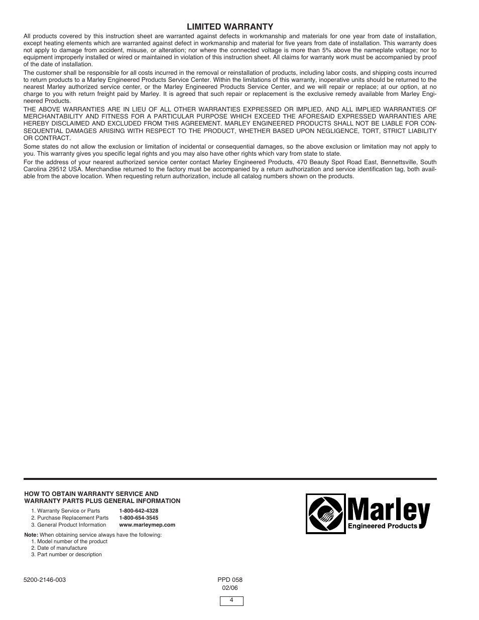 Limited warranty | Qmark EFF - Ceiling Mounted Fan-Forced Heaters User Manual | Page 4 / 4