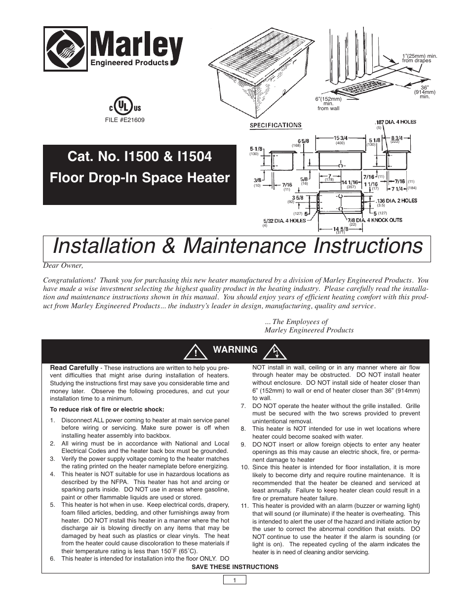Qmark FDI - Floor Drop-In Heaters User Manual | 12 pages