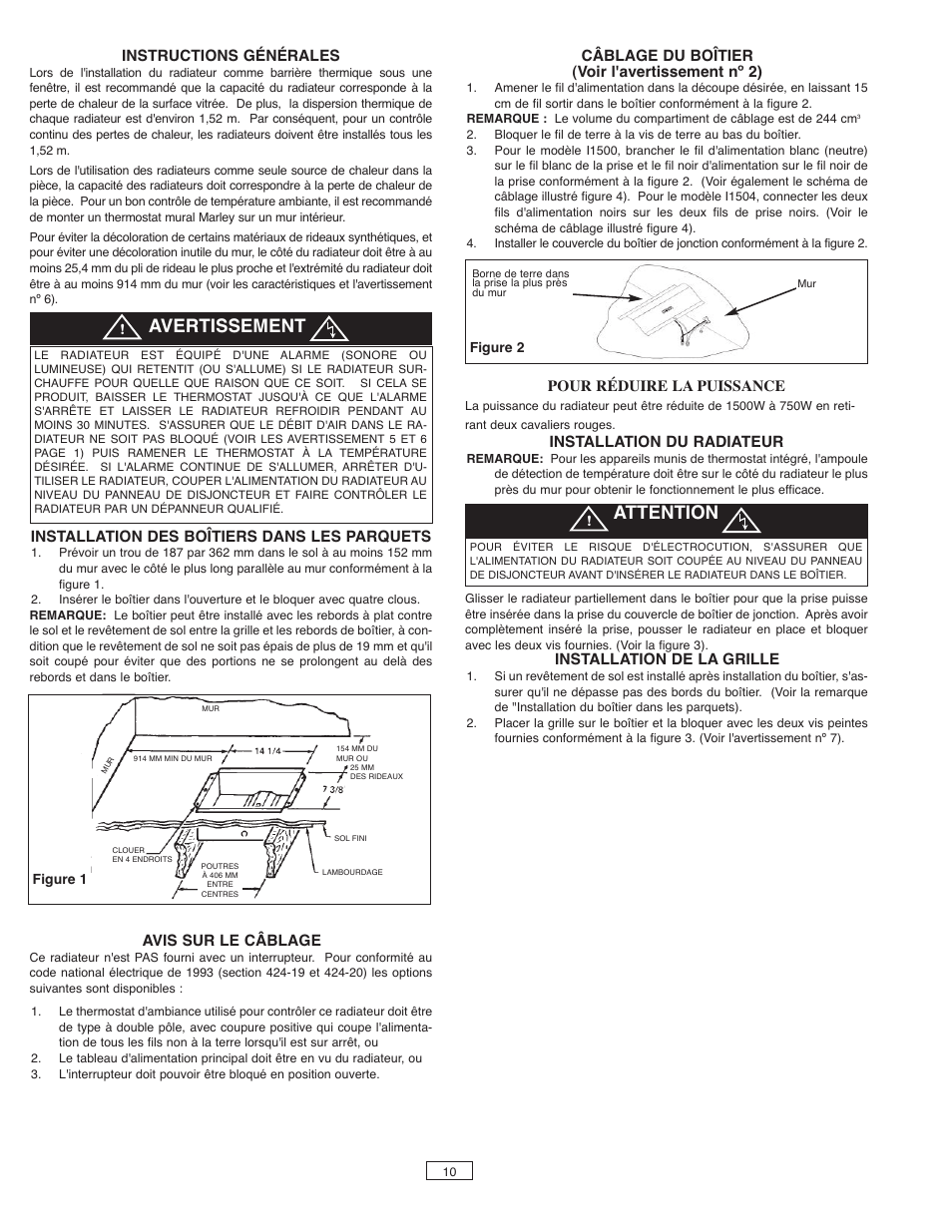 Avertissement, Attention, Instructions générales | Installation des boîtiers dans les parquets, Avis sur le câblage, Câblage du boîtier (voir l'avertissement nº 2), Pour réduire la puissance, Installation du radiateur, Installation de la grille | Qmark FDI - Floor Drop-In Heaters User Manual | Page 10 / 12