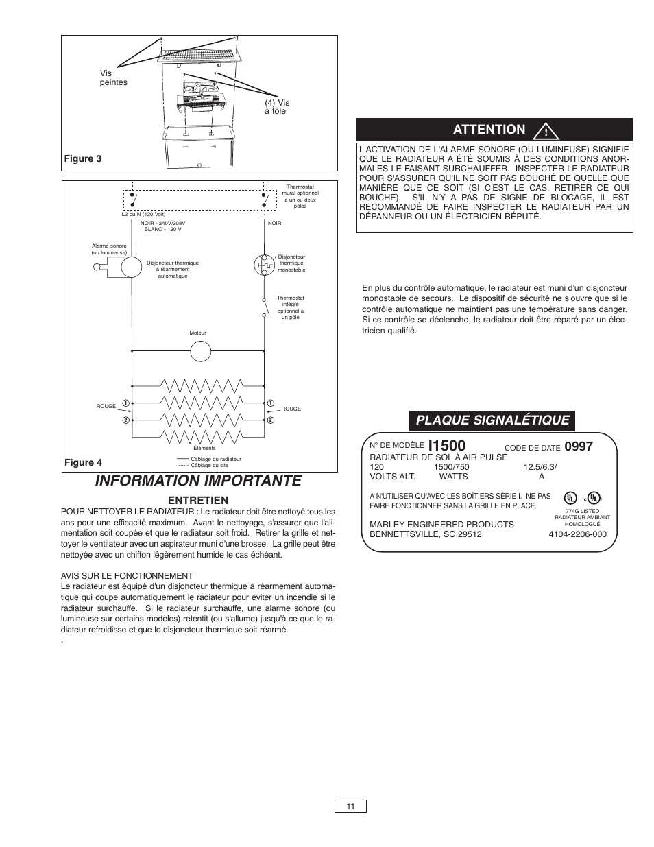 Information importante, I1500, Attention | Plaque signalétique, Entretien, Figure 3, Figure 4 | Qmark FDI - Floor Drop-In Heaters User Manual | Page 11 / 12