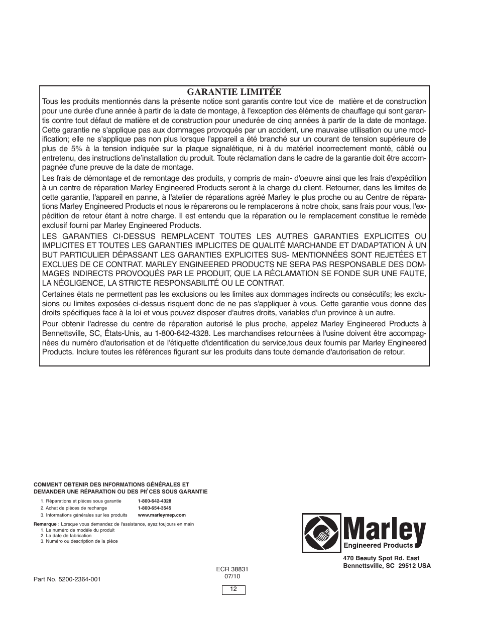 Garantie limitée | Qmark FDI - Floor Drop-In Heaters User Manual | Page 12 / 12