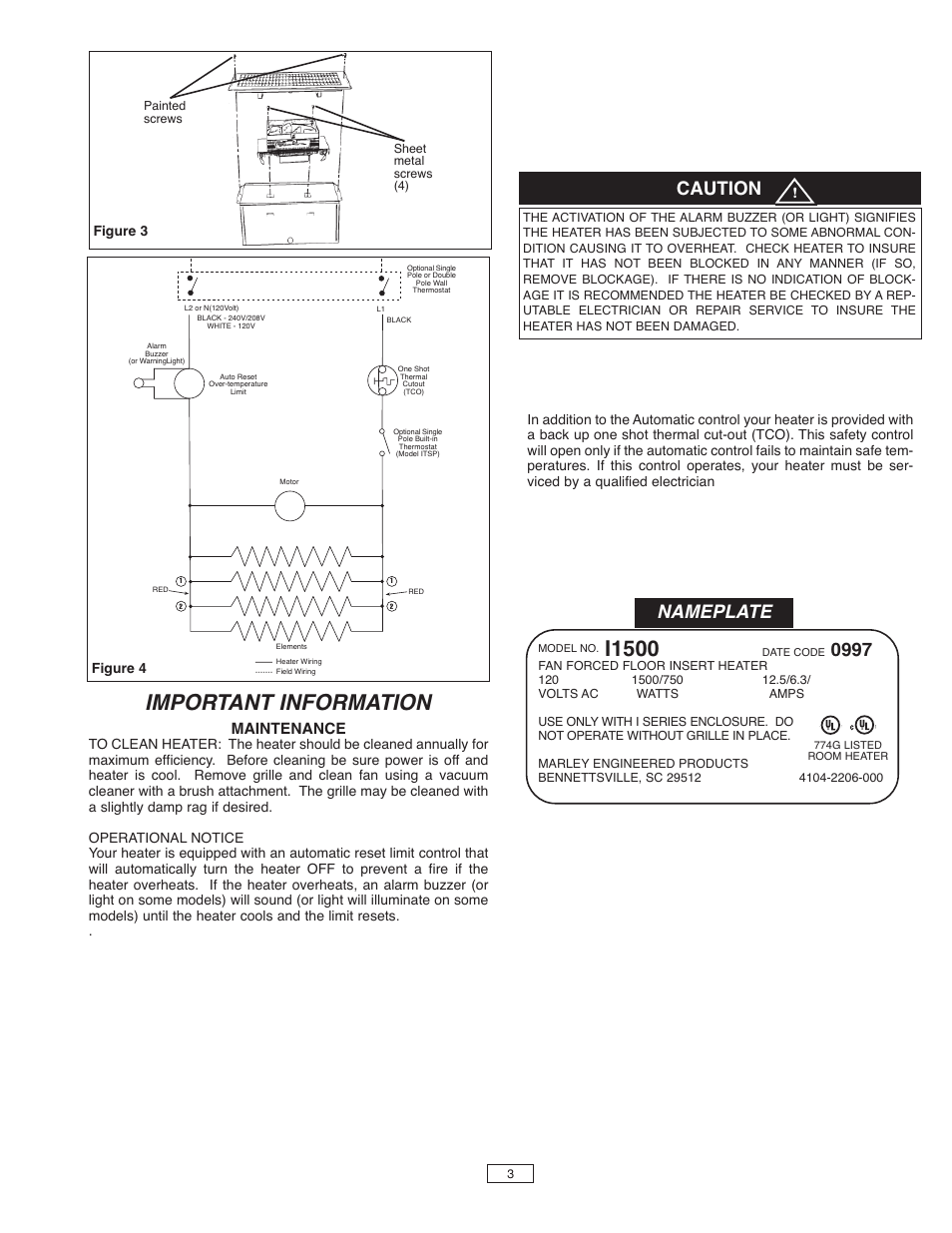 Important information, I1500, Caution | Nameplate, Maintenance | Qmark FDI - Floor Drop-In Heaters User Manual | Page 3 / 12