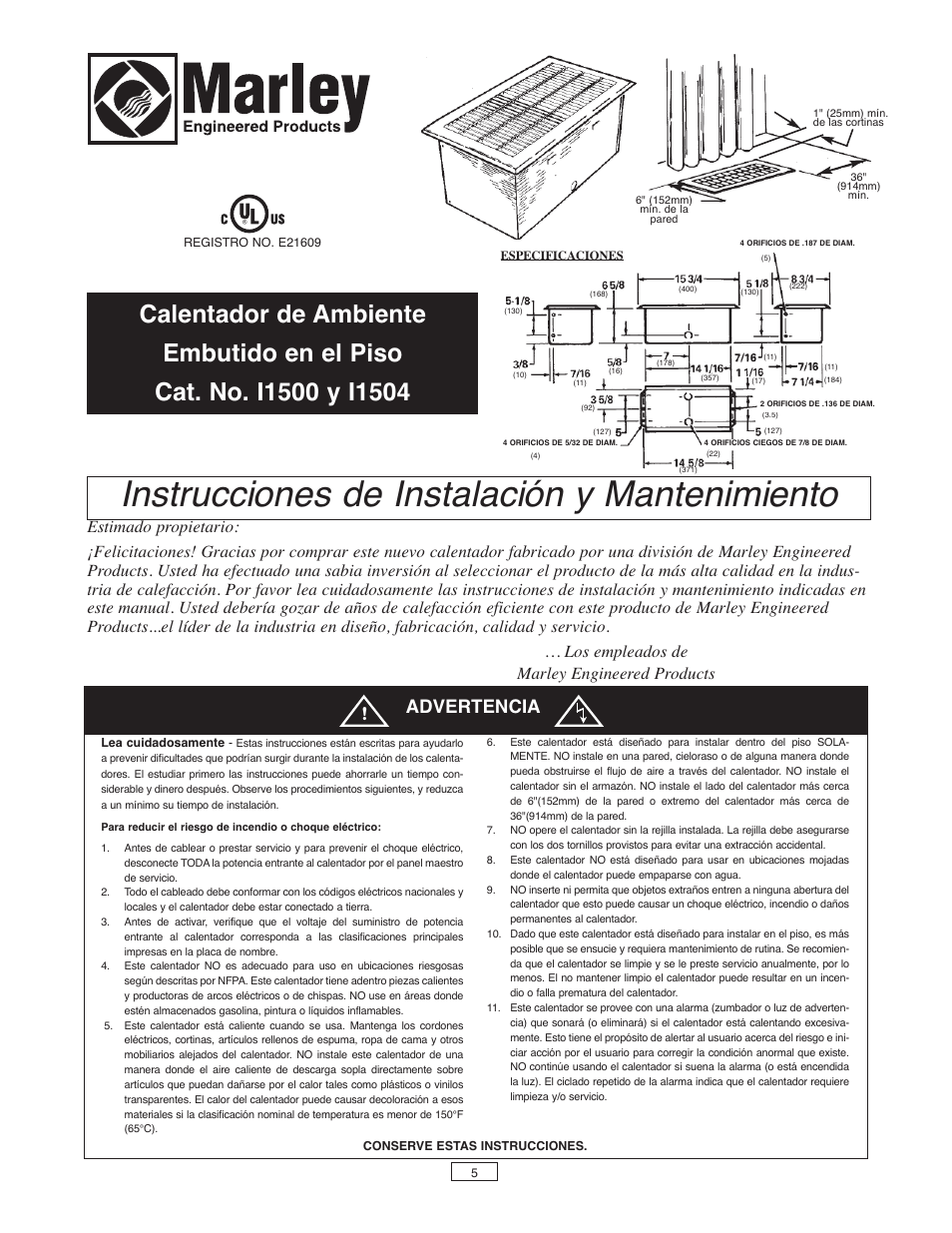 Instrucciones de instalación y mantenimiento, Advertencia | Qmark FDI - Floor Drop-In Heaters User Manual | Page 5 / 12
