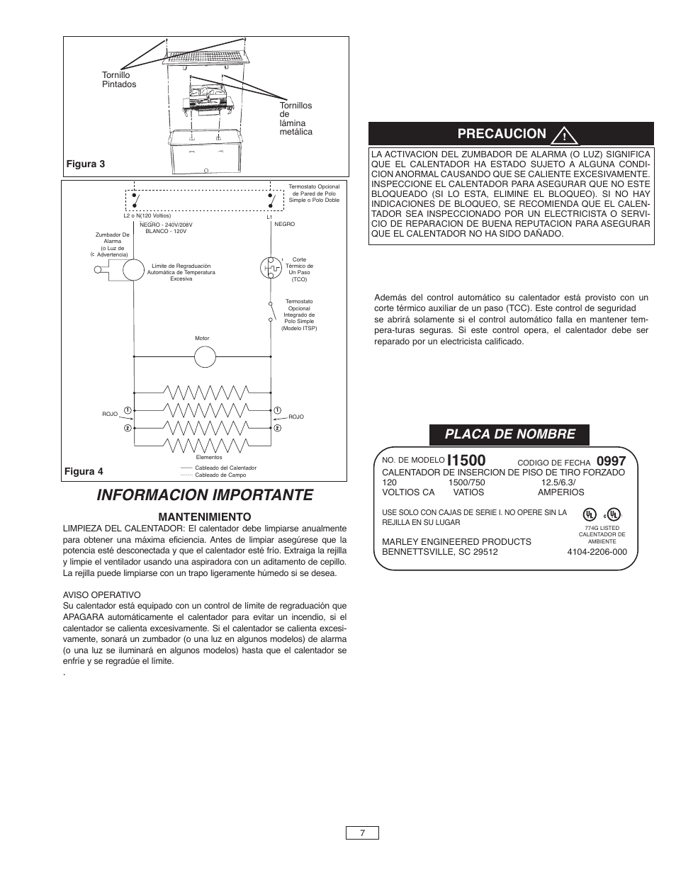 Informacion importante, I1500, Precaucion | Placa de nombre, Mantenimiento, Figura 3, Figura 4 | Qmark FDI - Floor Drop-In Heaters User Manual | Page 7 / 12