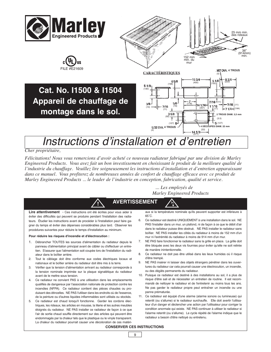 Instructions dʼinstallation et dʼentretien, Avertissement, Les employés de marley engineered products | Qmark FDI - Floor Drop-In Heaters User Manual | Page 9 / 12