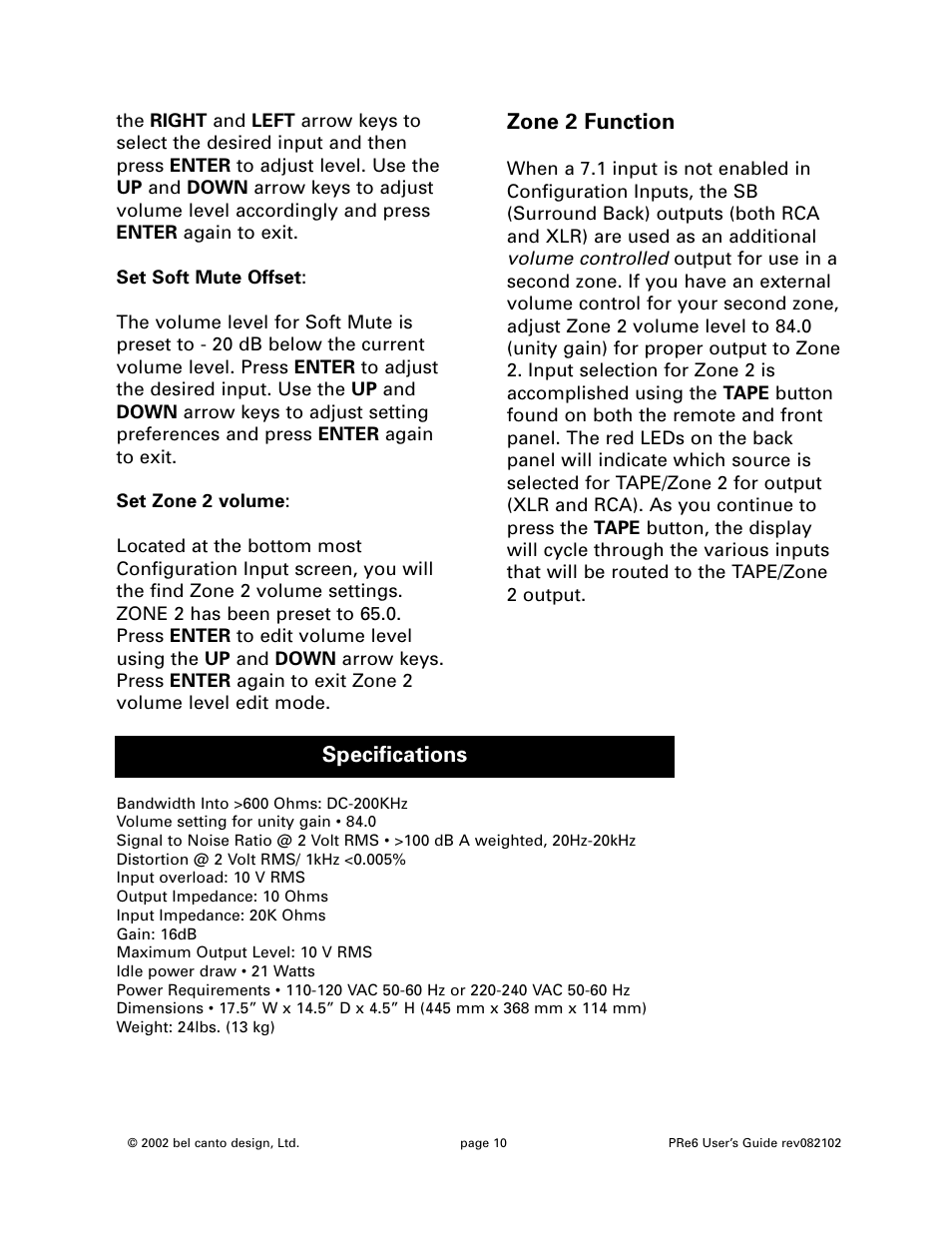 Zone 2 function, Specifications | Bel Canto Design PRe6 User Manual | Page 10 / 16