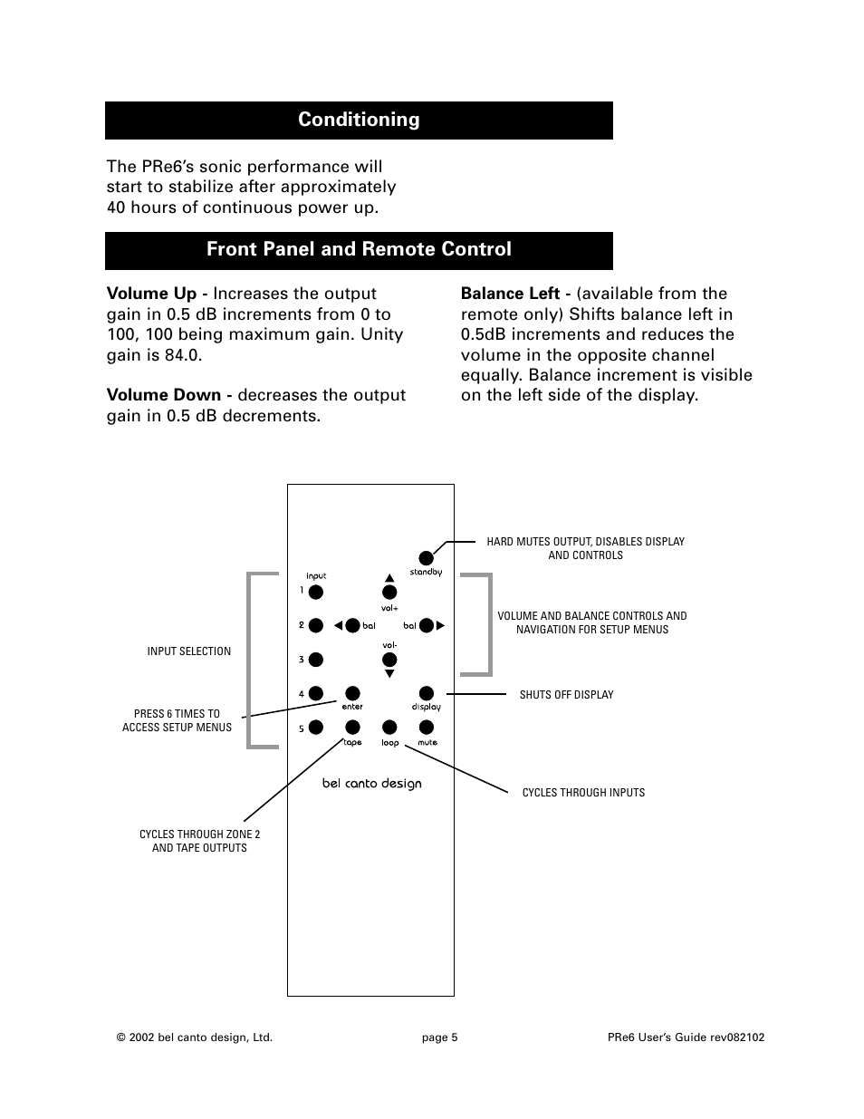 Conditioning front panel and remote control | Bel Canto Design PRe6 User Manual | Page 5 / 16