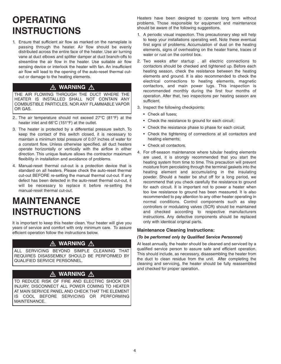Operating instructions, Maintenance instructions | Qmark Open Coil Electric Duct Heaters User Manual | Page 4 / 5