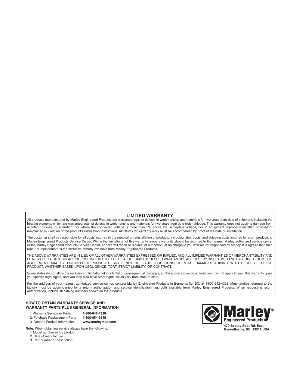 Limited warranty | Qmark Open Coil Electric Duct Heaters User Manual | Page 5 / 5