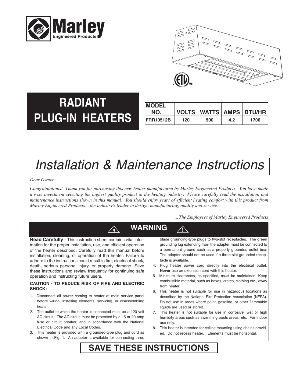 Qmark FRR - Plug-In Radiant Heaters User Manual | 8 pages