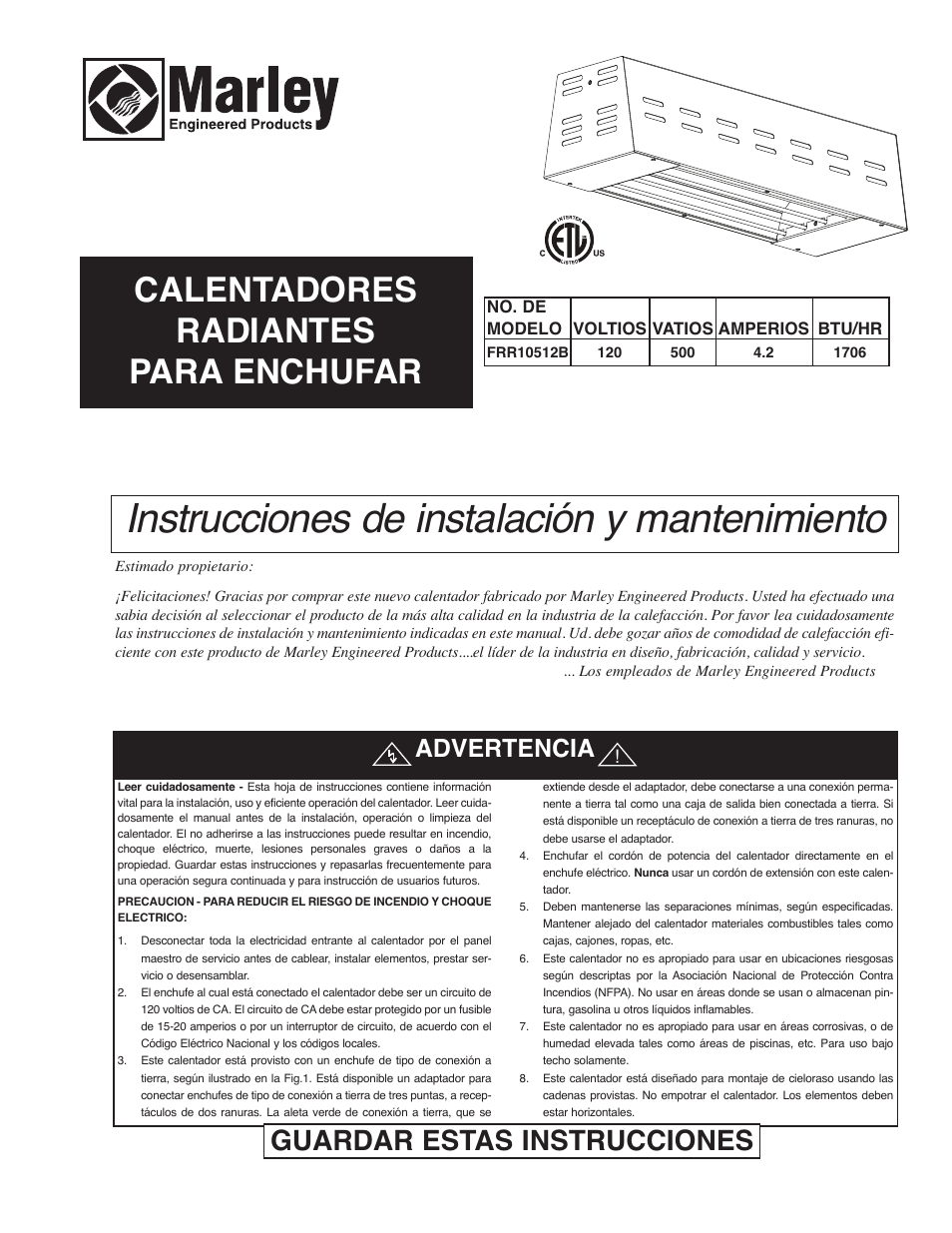 Instrucciones de instalación y mantenimiento, Calentadores radiantes para enchufar, Guardar estas instrucciones | Advertencia | Qmark FRR - Plug-In Radiant Heaters User Manual | Page 4 / 8