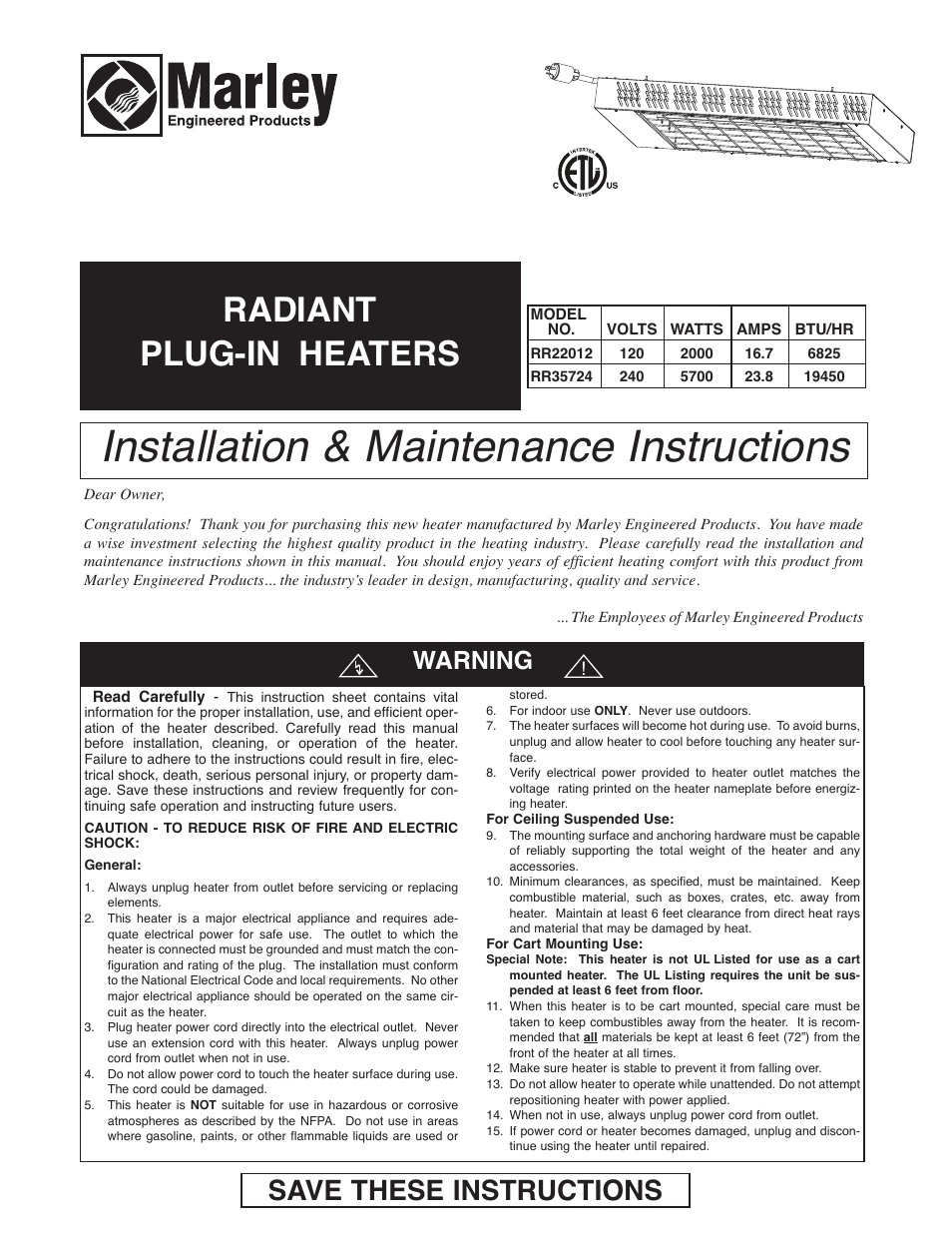 Qmark FRR - Plug-In Radiant Heaters User Manual | 9 pages