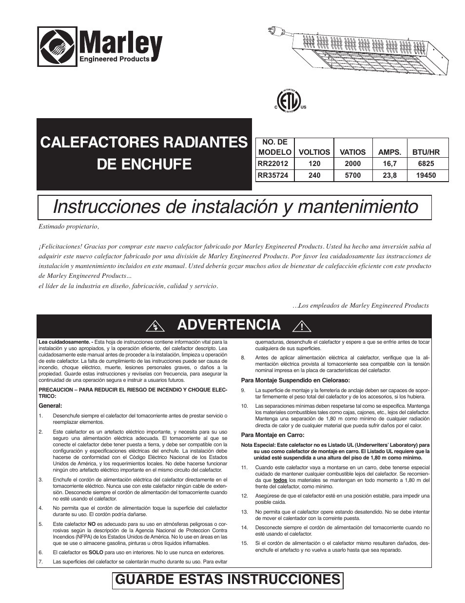 Instrucciones de instalación y mantenimiento, Calefactores radiantes de enchufe, Advertencia | Guarde estas instrucciones | Qmark FRR - Plug-In Radiant Heaters User Manual | Page 4 / 9