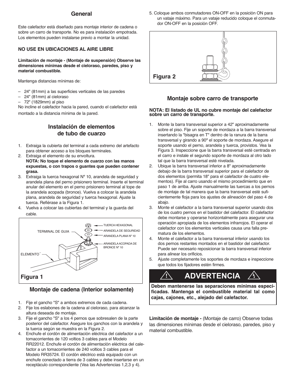 Advertencia, General, Instalación de elementos de tubo de cuarzo | Montaje de cadena (interior solamente), Montaje sobre carro de transporte, Figura 1 figura 2 | Qmark FRR - Plug-In Radiant Heaters User Manual | Page 5 / 9