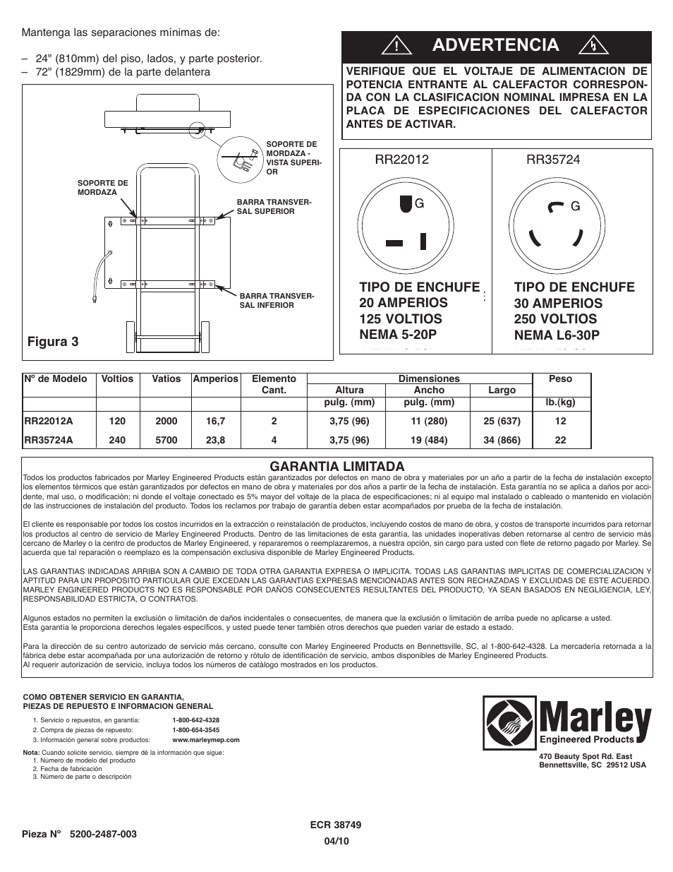Advertencia, Figura 3, Garantia limitada | Qmark FRR - Plug-In Radiant Heaters User Manual | Page 6 / 9