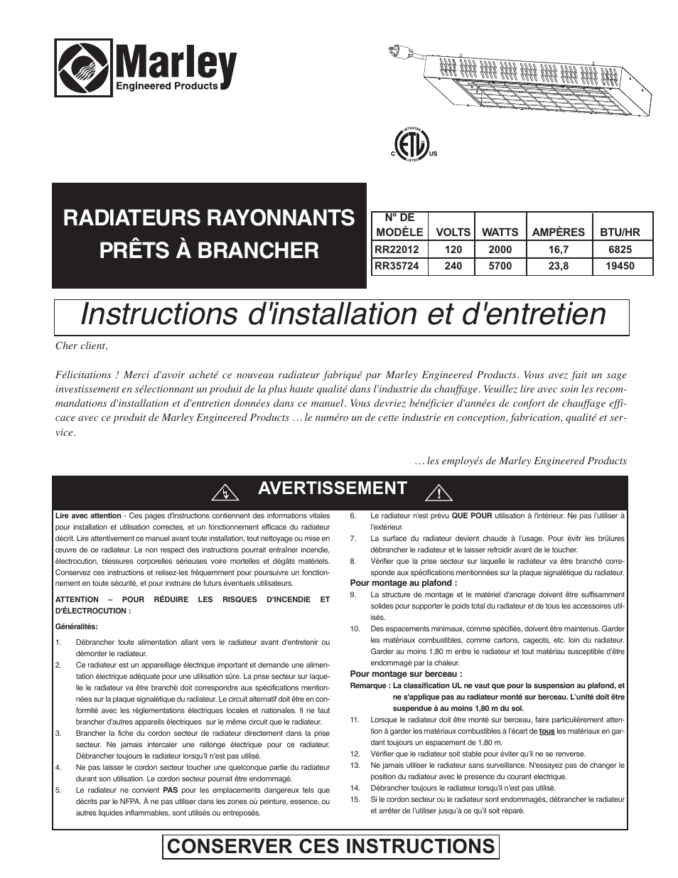 Instructions d'installation et d'entretien, Radiateurs rayonnants prêts à brancher, Conserver ces instructions | Avertissement | Qmark FRR - Plug-In Radiant Heaters User Manual | Page 7 / 9