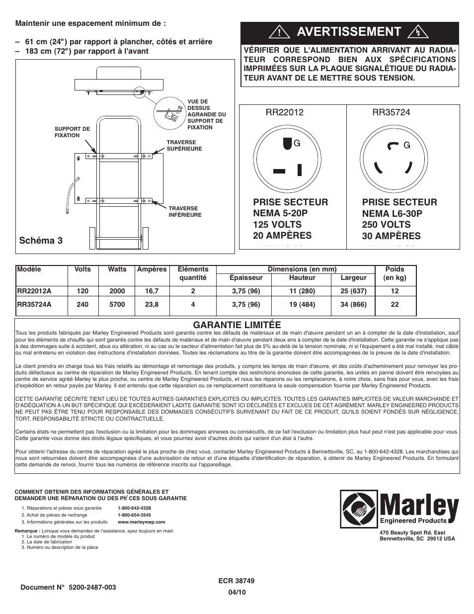 Avertissement, Schéma 3, Garantie limitée | Qmark FRR - Plug-In Radiant Heaters User Manual | Page 9 / 9