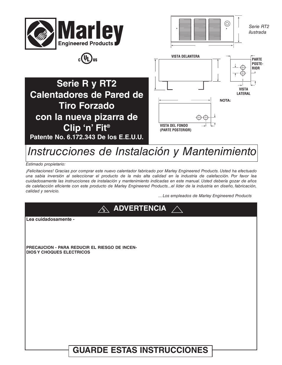 Instrucciones de instalación y mantenimiento, Guarde estas instrucciones, Advertencia | Qmark GFR Series - Fan-Forced Wall Heaters User Manual | Page 5 / 12