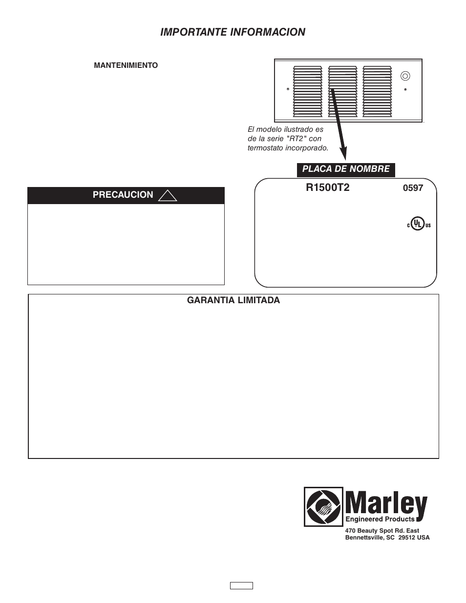 Importante informacion, Garantia limitada, Precaucion placa de nombre | Front view side view bottom view | Qmark GFR Series - Fan-Forced Wall Heaters User Manual | Page 8 / 12