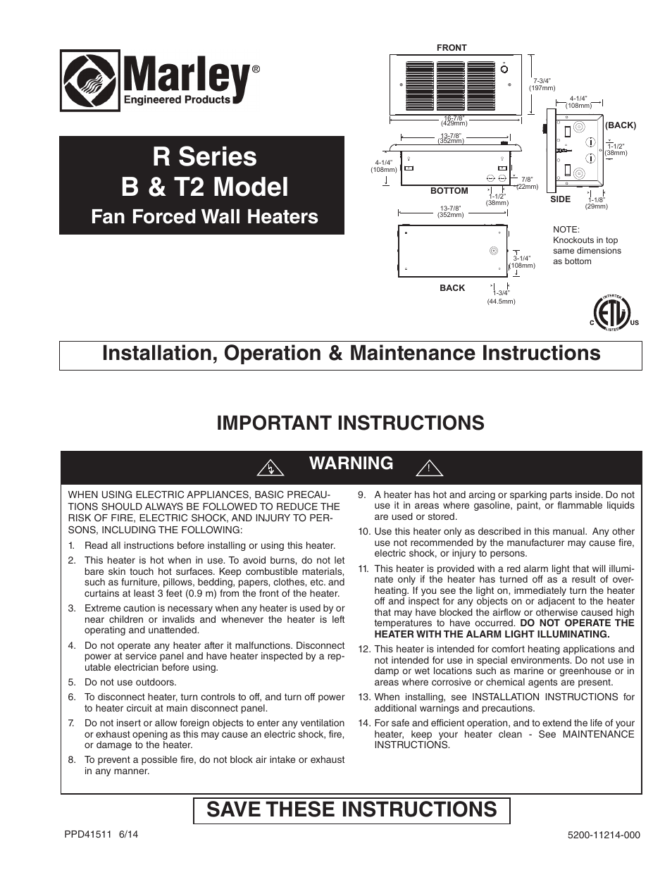 Qmark GFR Series - Fan-Forced Wall Heaters User Manual | 6 pages