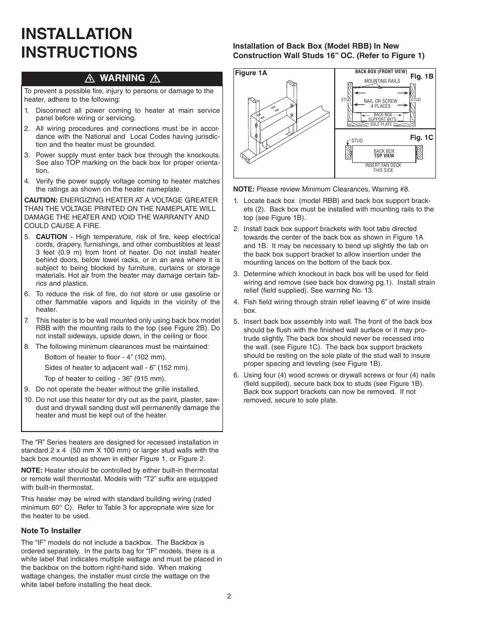 Installation instructions | Qmark GFR Series - Fan-Forced Wall Heaters User Manual | Page 2 / 6