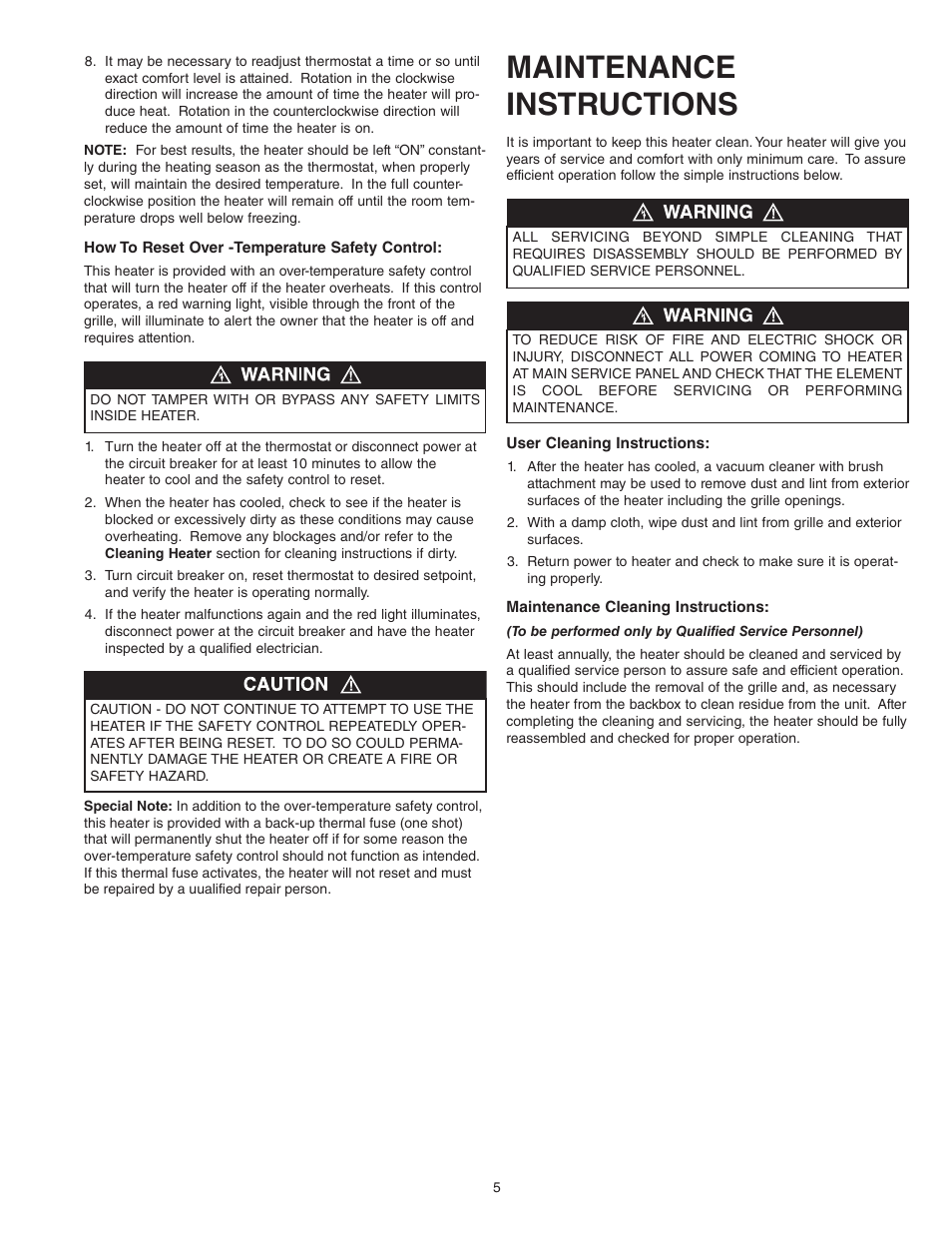 Maintenance instructions | Qmark GFR Series - Fan-Forced Wall Heaters User Manual | Page 5 / 6