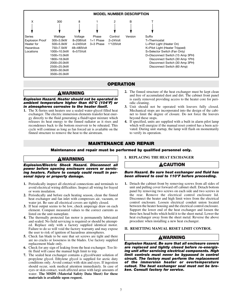 Operation, Maintenance and repair | Qmark GUX - Explosion Proof Unit Heaters User Manual | Page 7 / 12