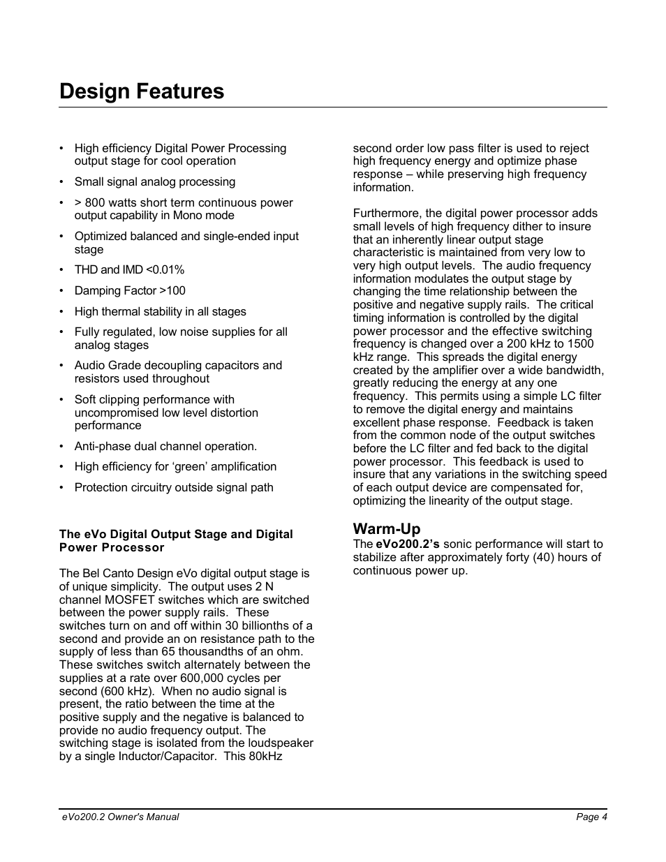 Design features, Warm-up | Bel Canto Design eVo200.2 User Manual | Page 4 / 8