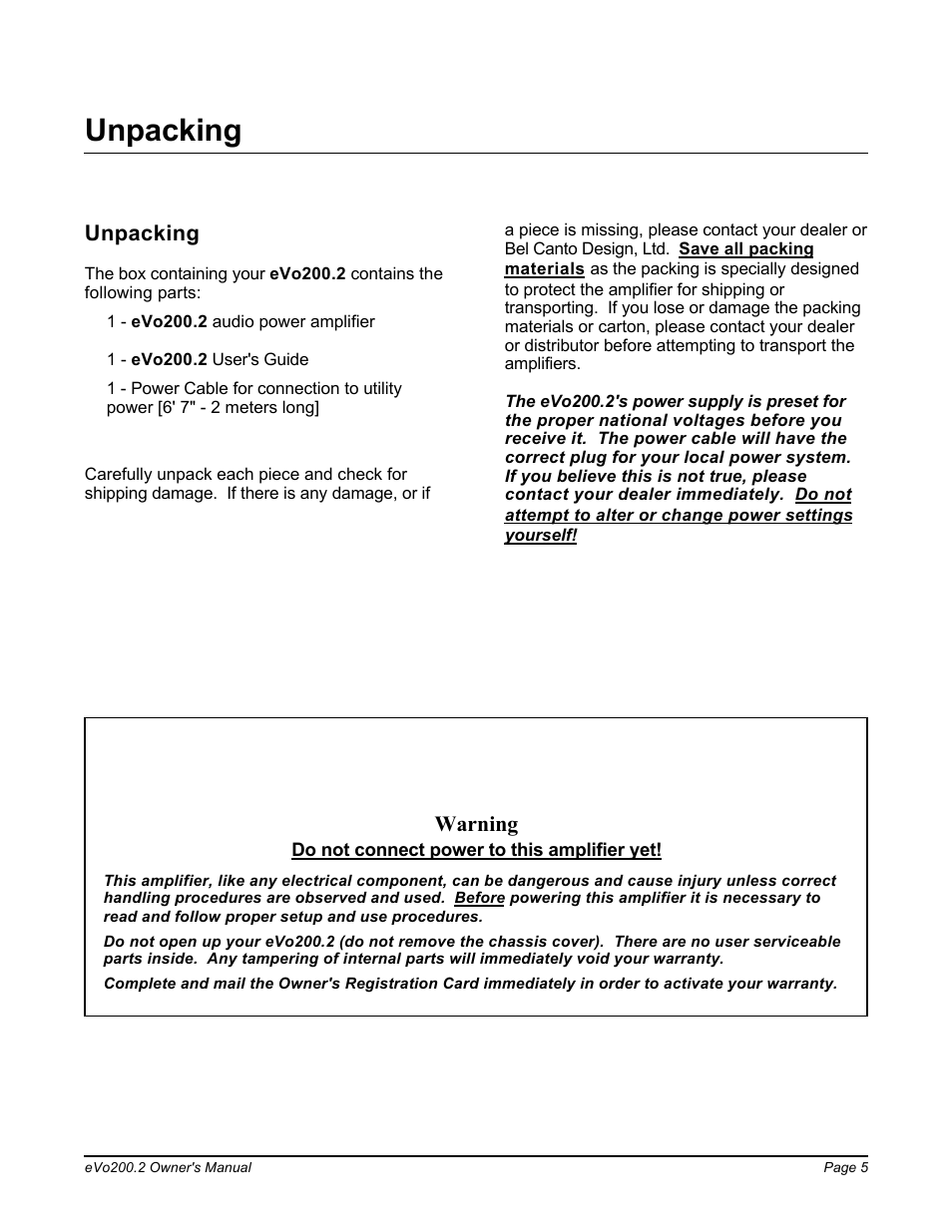 Unpacking, Warning | Bel Canto Design eVo200.2 User Manual | Page 5 / 8