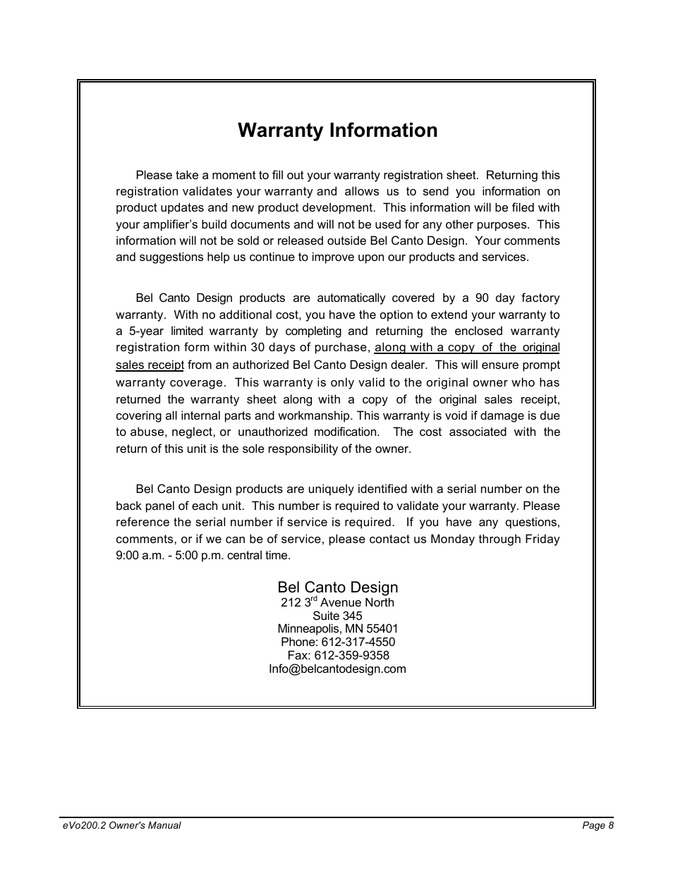 Warranty information, Bel canto design | Bel Canto Design eVo200.2 User Manual | Page 8 / 8