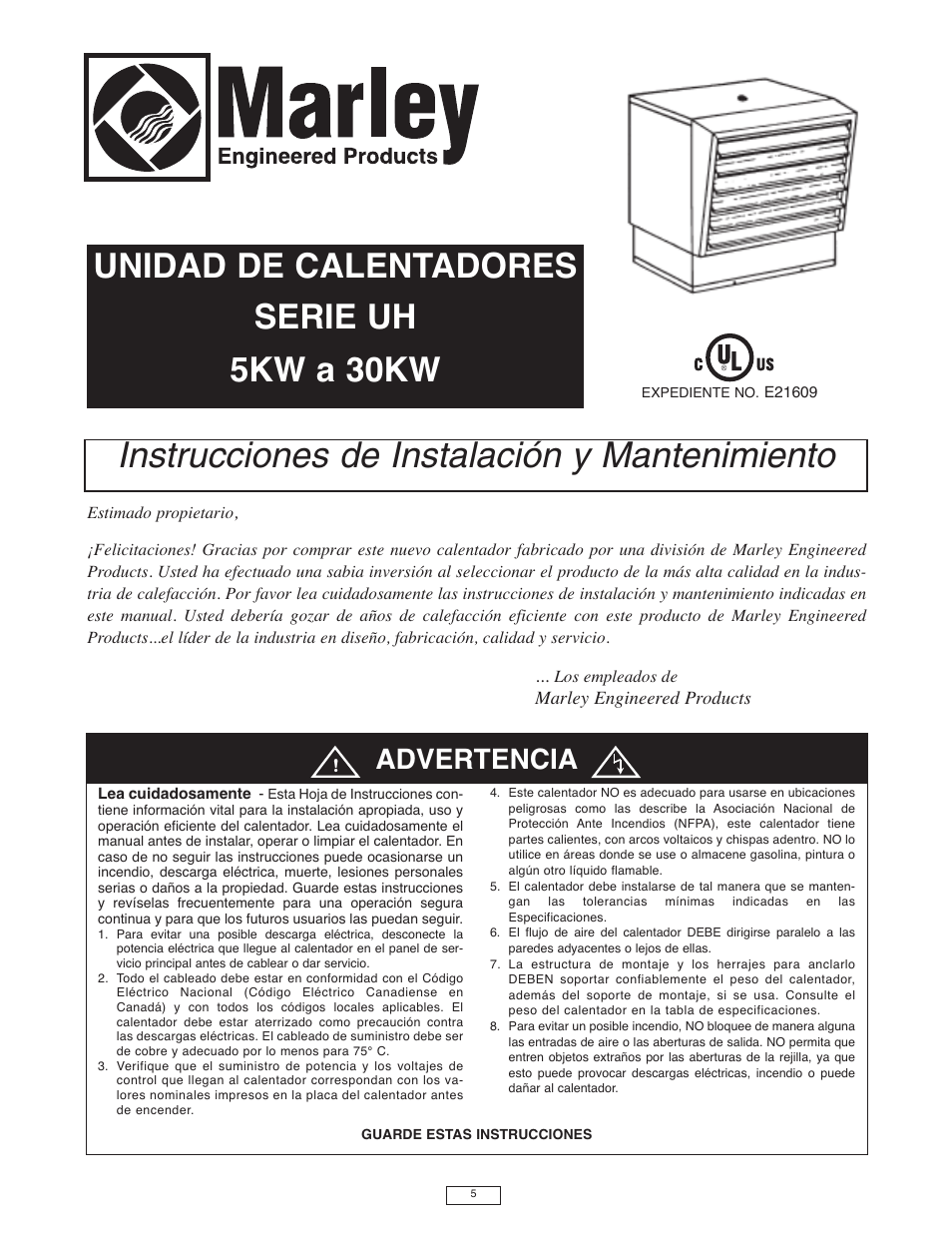 Instrucciones de instalación y mantenimiento, Unidad de calentadores serie uh 5kw a 30kw, Advertencia | Qmark IUH - Industrial Unit Heater User Manual | Page 5 / 12