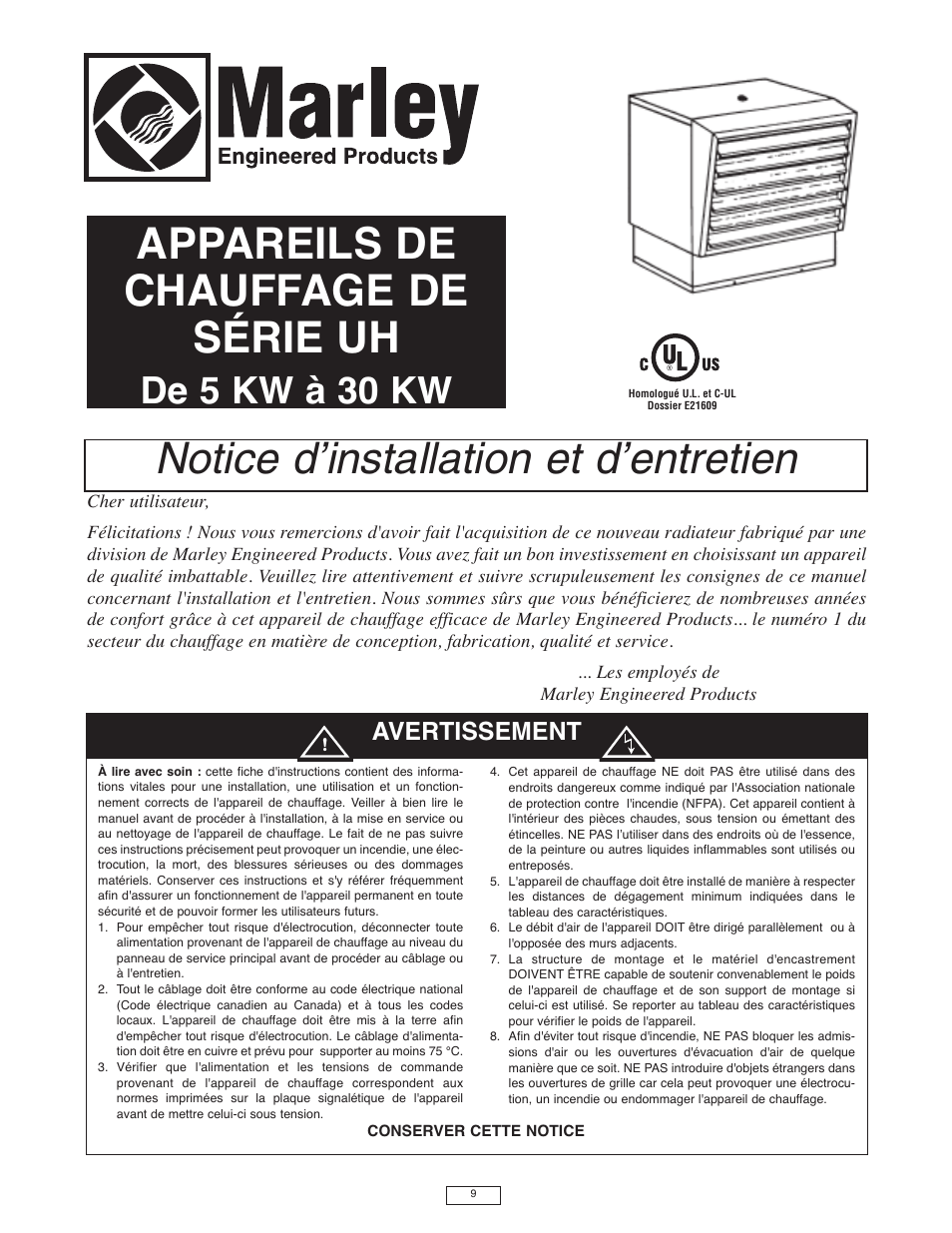 Appareils de chauffage de série uh, Notice d’installation et d’entretien, De 5 kw à 30 kw | Avertissement | Qmark IUH - Industrial Unit Heater User Manual | Page 9 / 12