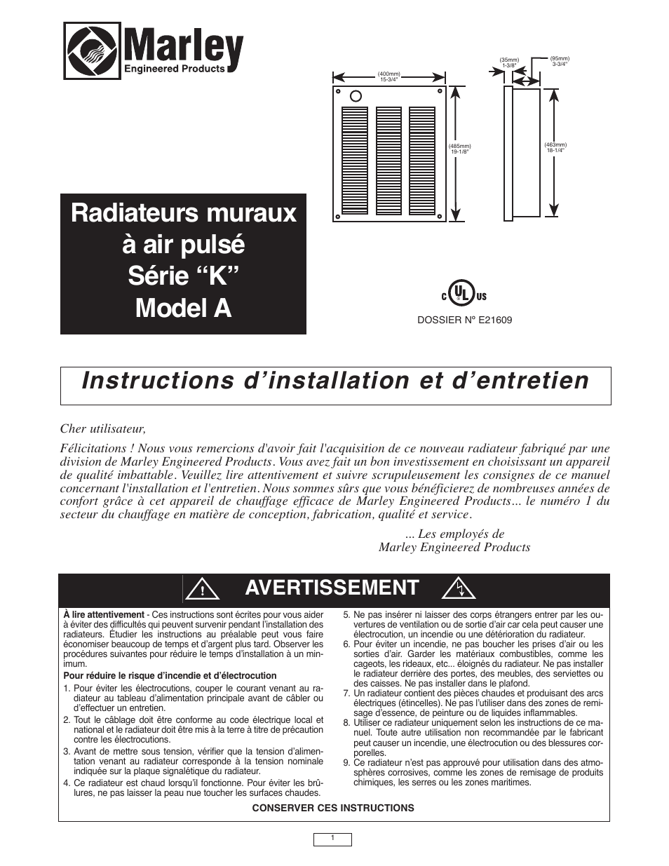 Radiateurs muraux à air pulsé série “k” model a, Instructions dʼinstallation et dʼentretien, Avertissement | Qmark LFK Series - Wall Heater User Manual | Page 11 / 15
