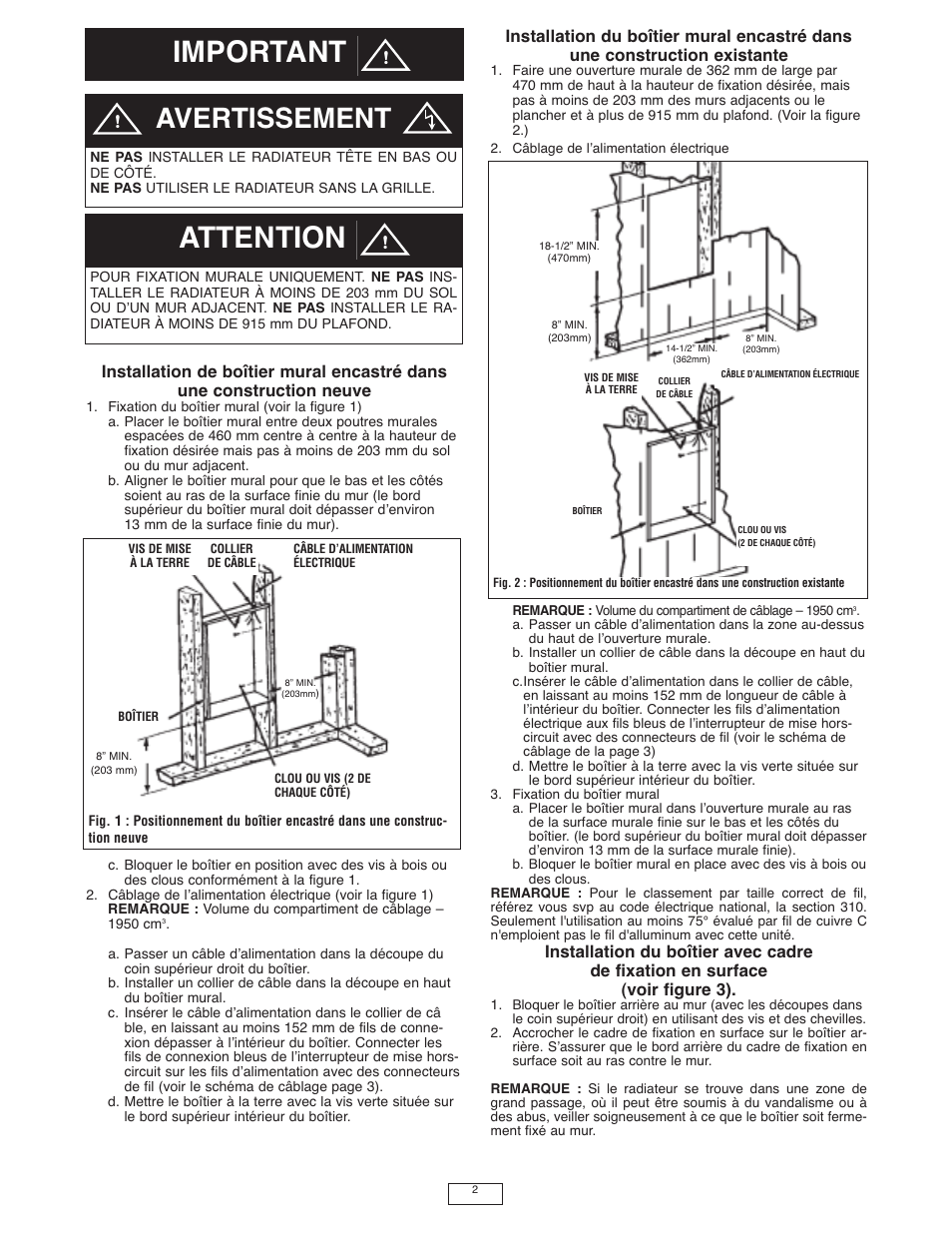 Important attention, Avertissement | Qmark LFK Series - Wall Heater User Manual | Page 12 / 15