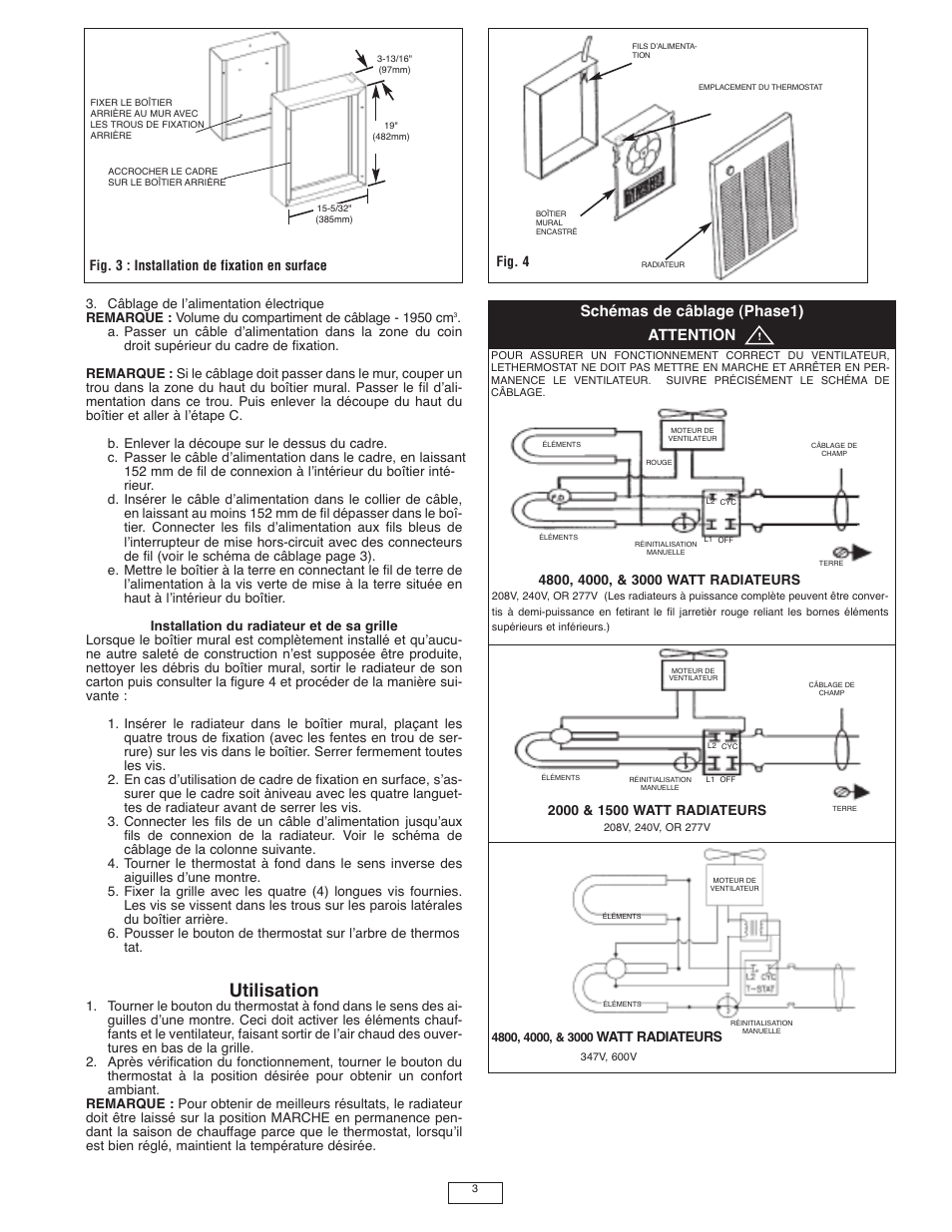 Utilisation, Schémas de câblage (phase1) attention | Qmark LFK Series - Wall Heater User Manual | Page 13 / 15