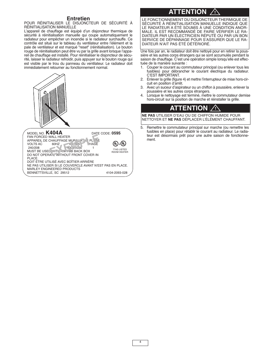 Exem ple, Attention, Entretien | K404a | Qmark LFK Series - Wall Heater User Manual | Page 14 / 15