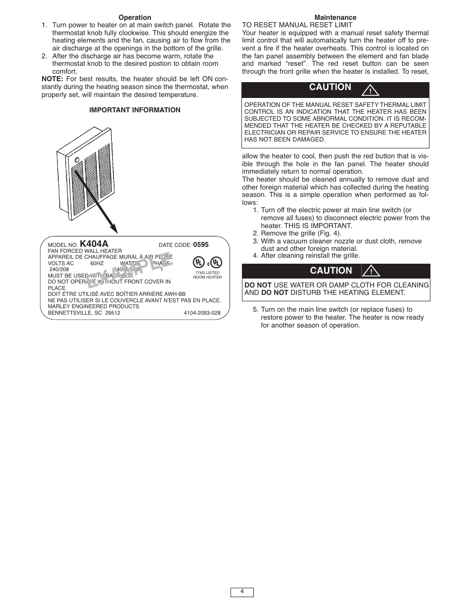 Exam ple, K404a, Caution | Qmark LFK Series - Wall Heater User Manual | Page 4 / 15