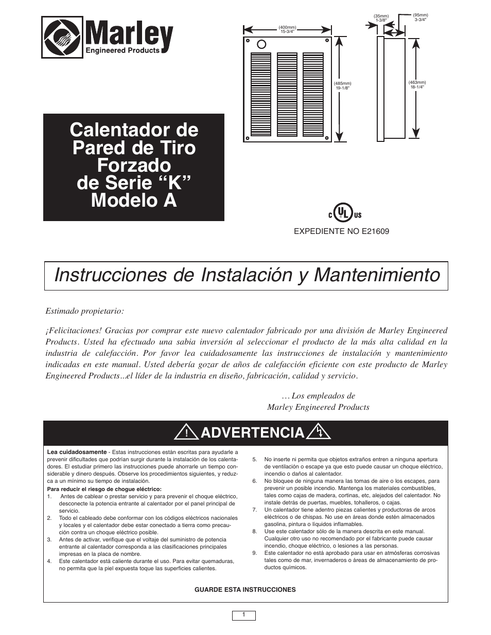 Instrucciones de instalación y mantenimiento, Advertencia | Qmark LFK Series - Wall Heater User Manual | Page 6 / 15