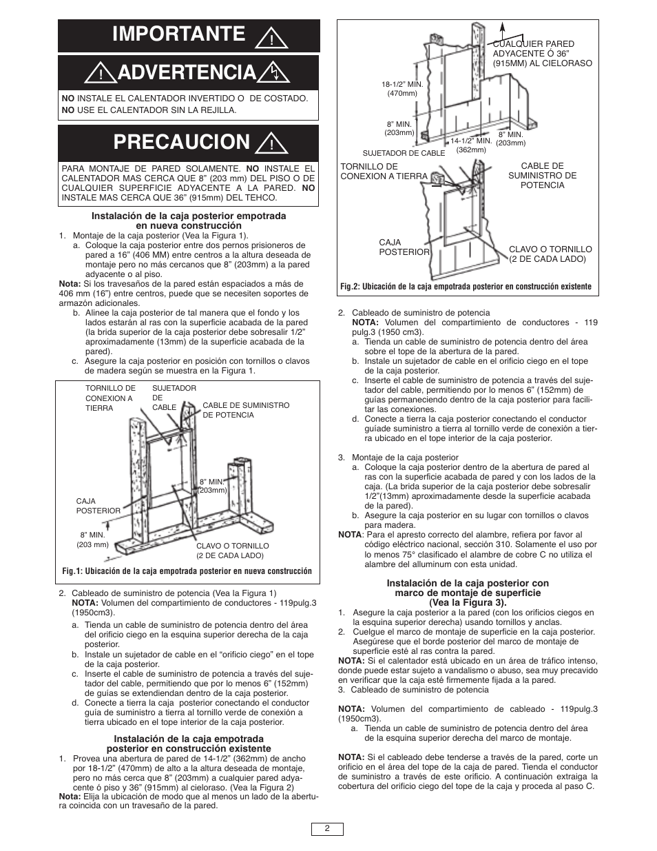 Importante precaucion, Advertencia | Qmark LFK Series - Wall Heater User Manual | Page 7 / 15