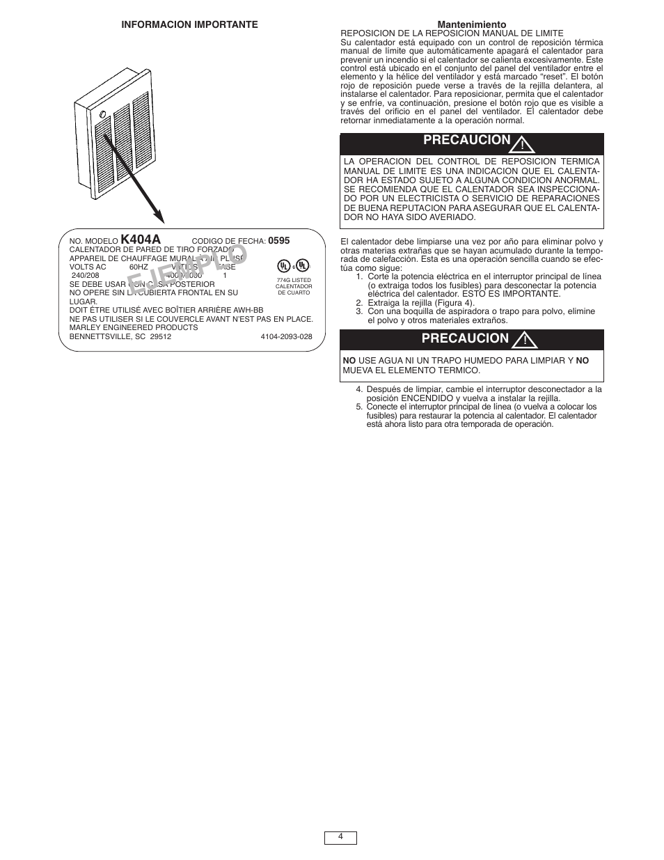 Ejem plo, K404a, Precaucion | Qmark LFK Series - Wall Heater User Manual | Page 9 / 15